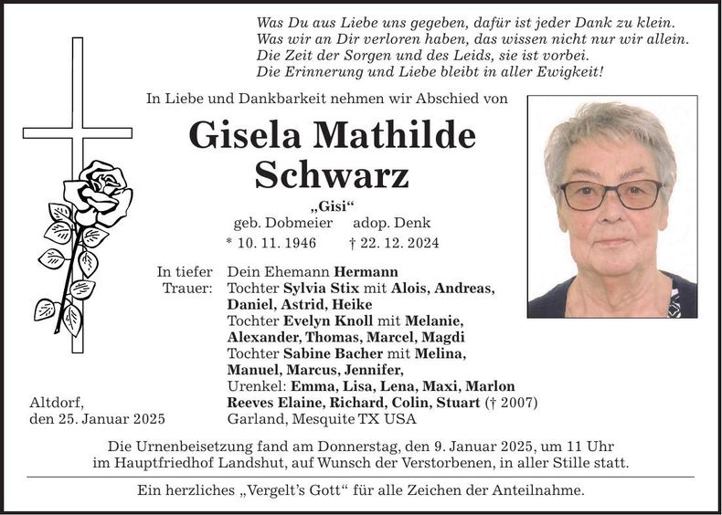 Traueranzeige Gisela Mathilde Schwarz