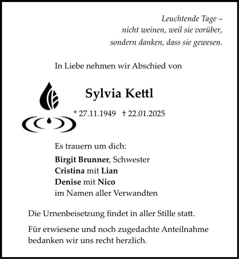 Traueranzeige Sylvia Kettl