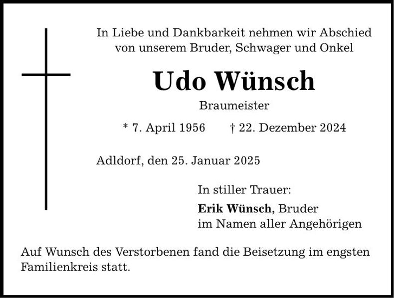 Traueranzeige Udo Wünsch