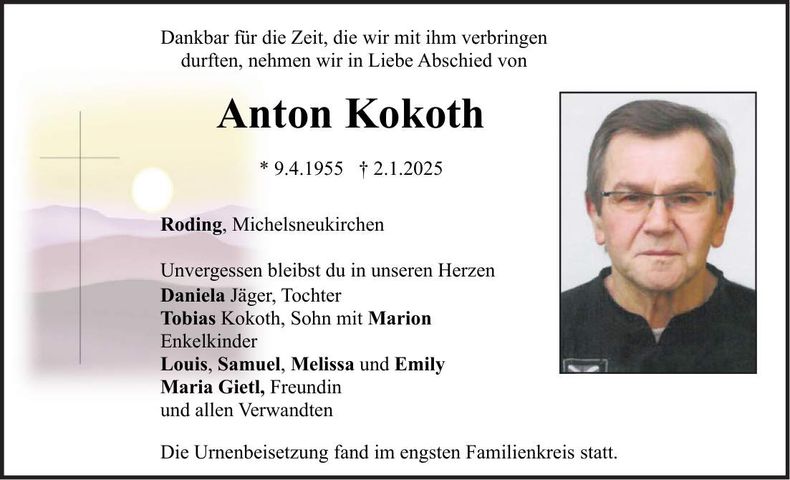 Traueranzeige Anton Kokoth
