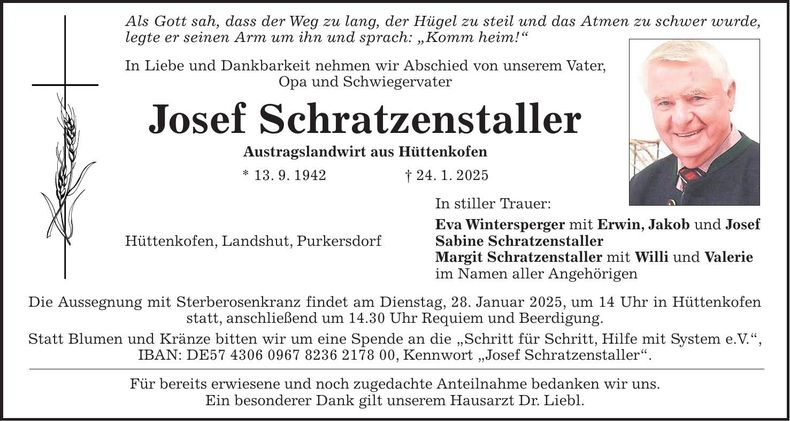 Traueranzeige Josef Schratzenstaller