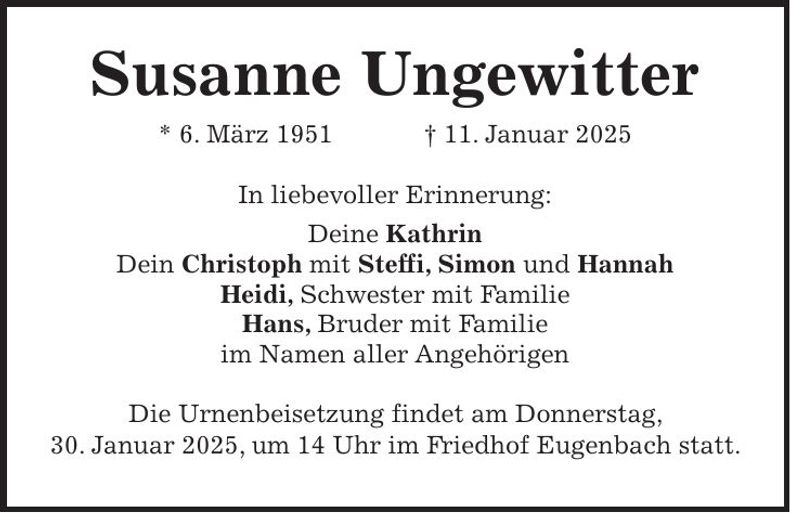 Traueranzeige Susanne Ungewitter