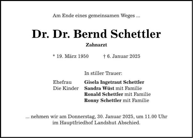 Traueranzeige Bernd Dr. Dr. Schettler