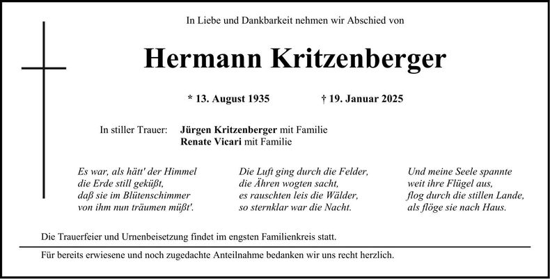 Traueranzeige Hermann Kritzenberger