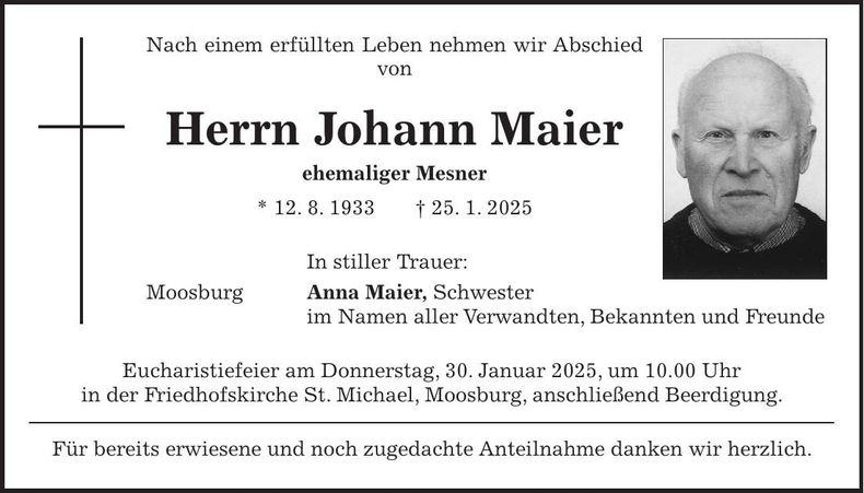 Traueranzeige Johann Maier