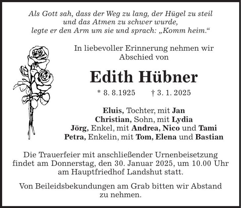 Traueranzeige Edith Hübner