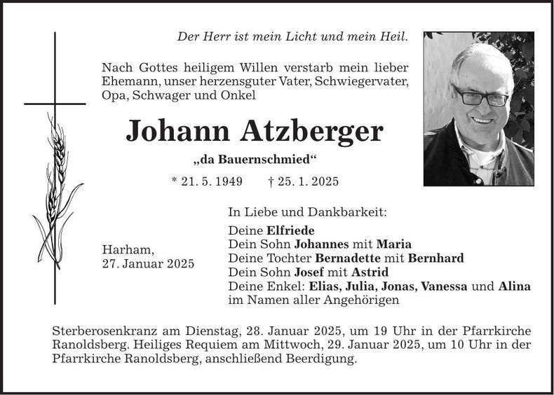Traueranzeige Johannes Atzberger