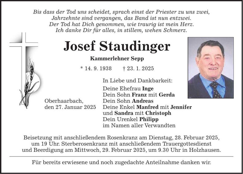 Traueranzeige Josef Staudinger
