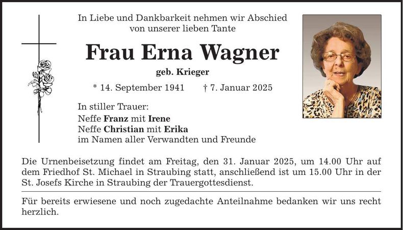 Traueranzeige Erna Wagner