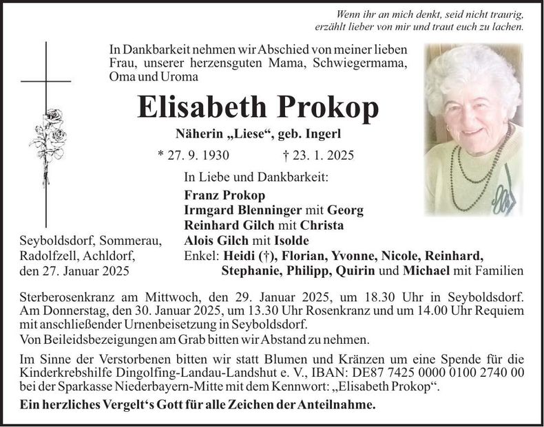 Traueranzeige Elisabeth Prokop