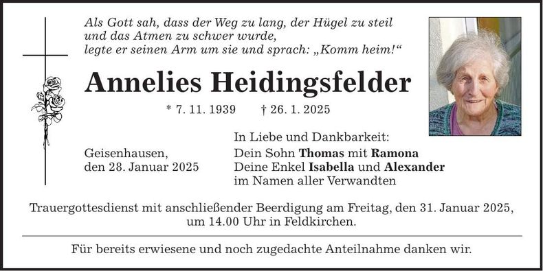 Traueranzeige Annelies Heidingsfelder