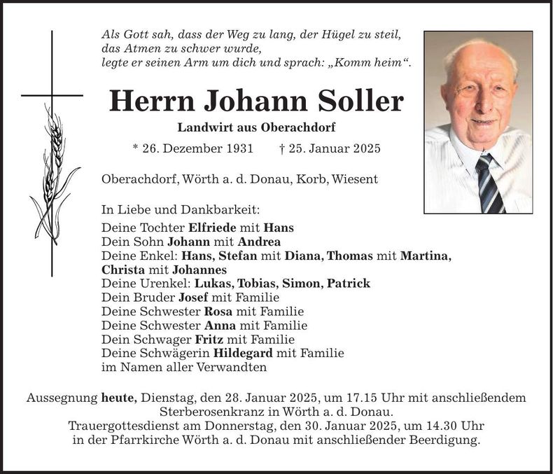 Traueranzeige Johann Soller