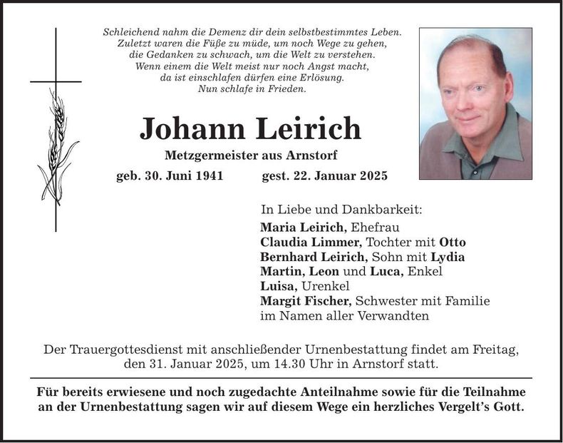 Traueranzeige Johann Leirich