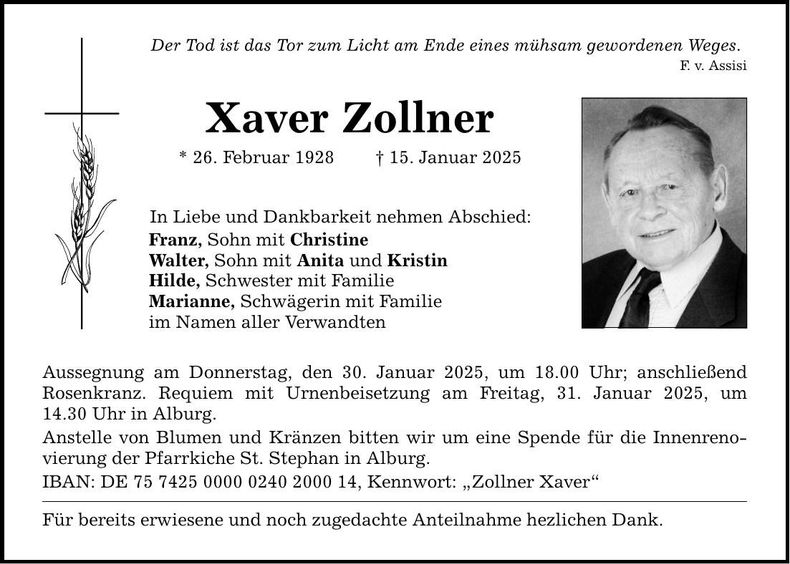Traueranzeige Xaver Zollner