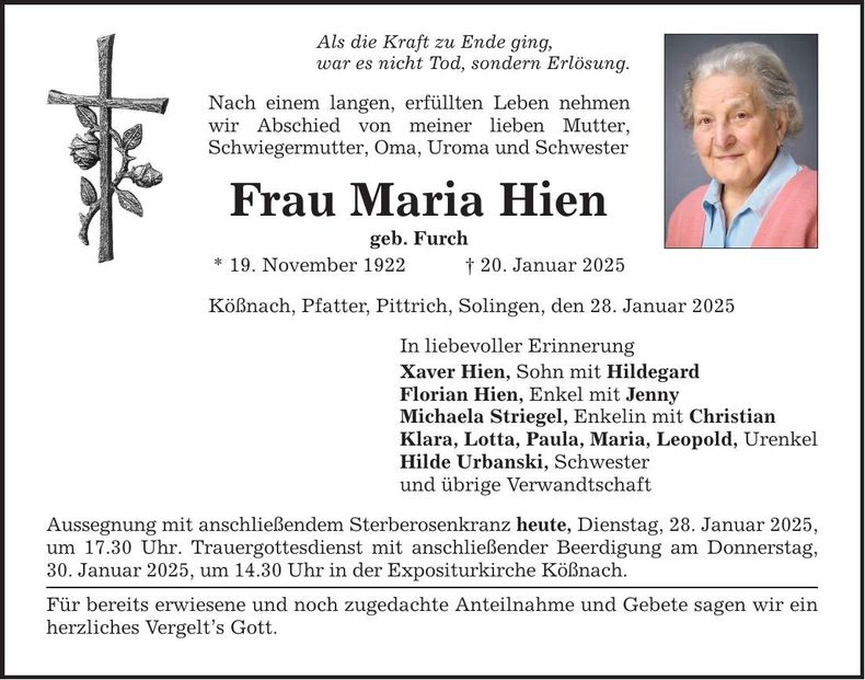 Traueranzeige Maria Hien