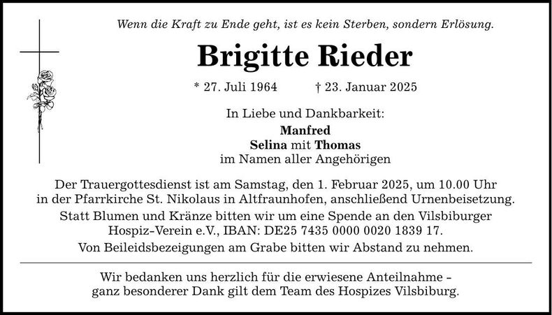 Traueranzeige Brigitte Rieder