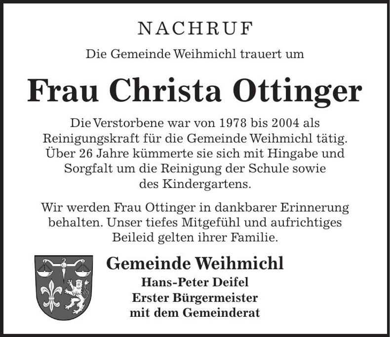 Traueranzeige Christa Ottinger