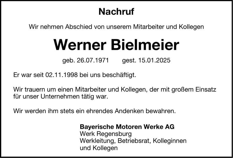 Traueranzeige Werner Bielmeier
