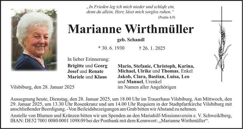 Traueranzeige Marianne Wirthmüller