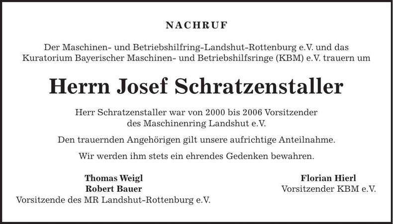 Traueranzeige Josef Schratzenstaller