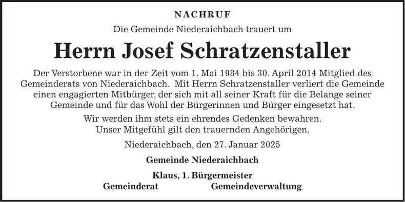 Traueranzeige Josef Schratzenstaller