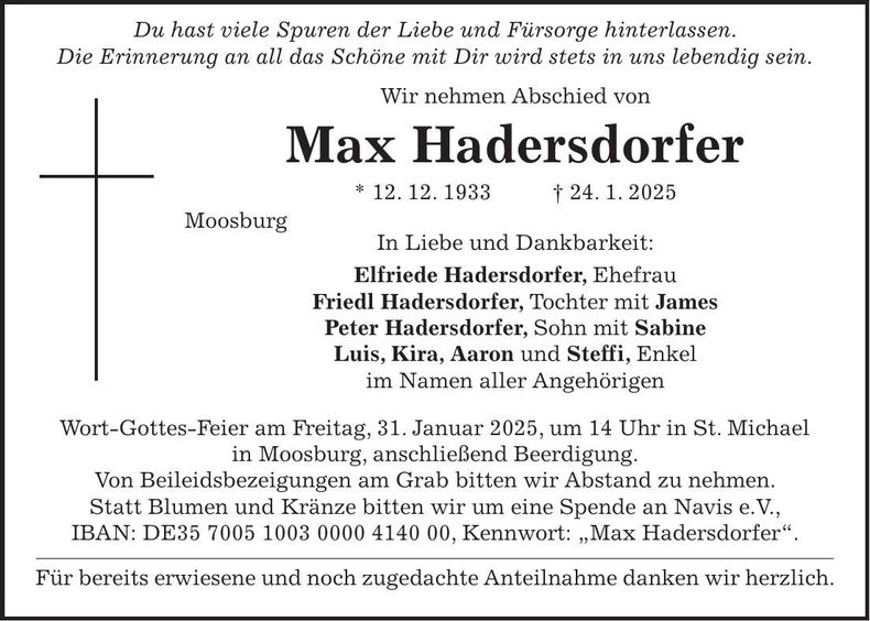 Traueranzeige Max Hadersdorfer