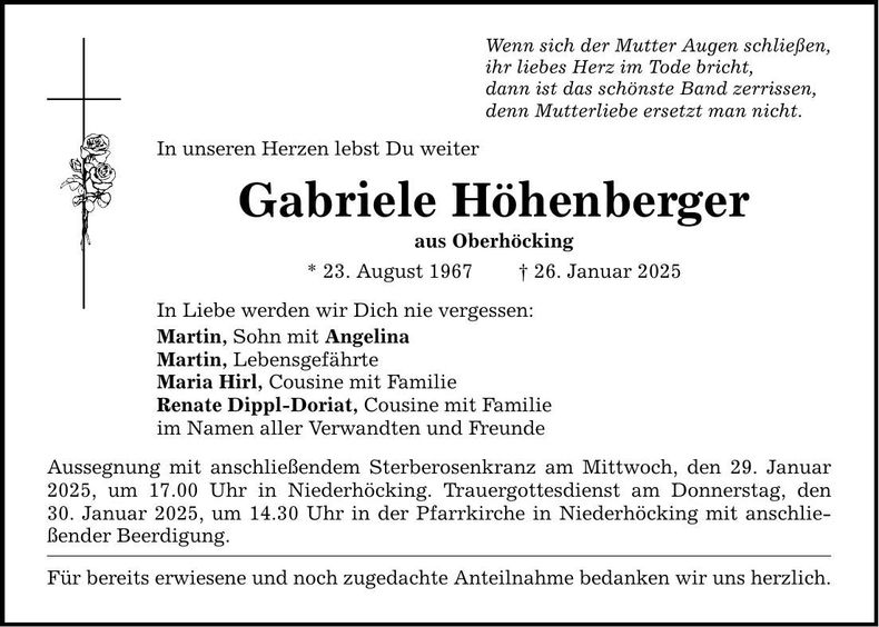 Traueranzeige Gabriele Höhenberger