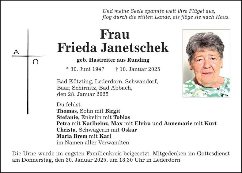 Traueranzeige Frieda Janetschek