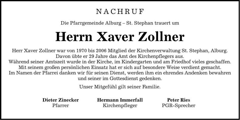 Traueranzeige Xaver Zollner