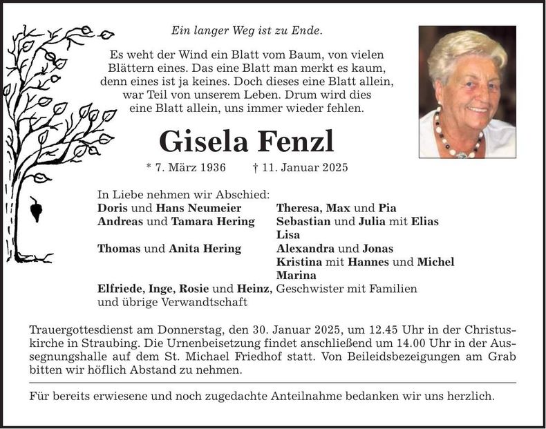 Traueranzeige Gisela Fenzl