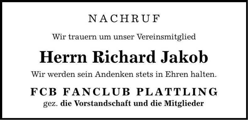 Traueranzeige Richard Jakob