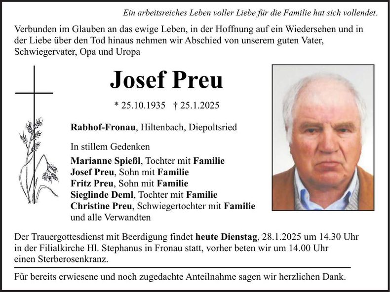 Traueranzeige Josef Preu