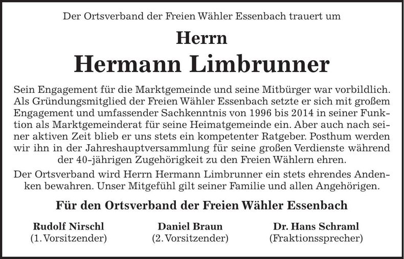 Traueranzeige Hermann Limbrunner