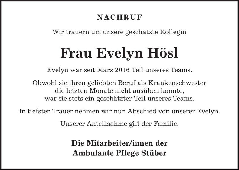 Traueranzeige Evelyn Hösl