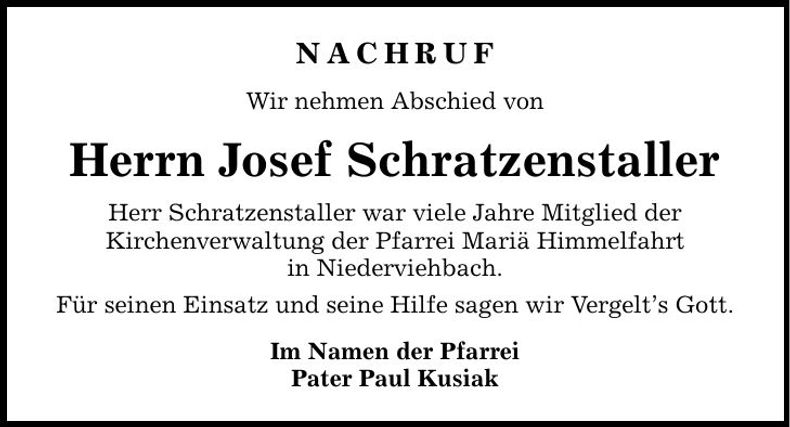Traueranzeige Josef Schratzenstaller