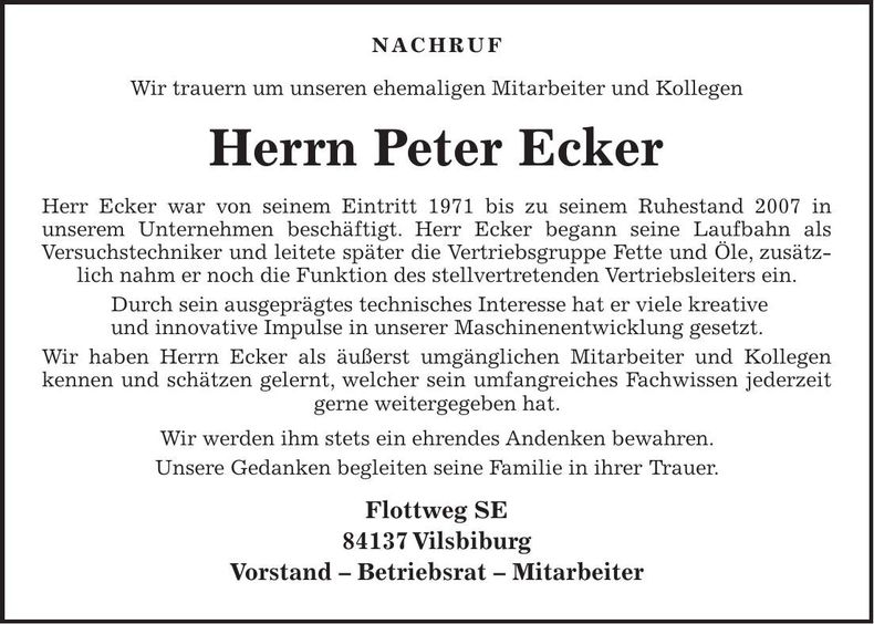 Traueranzeige Peter Ecker