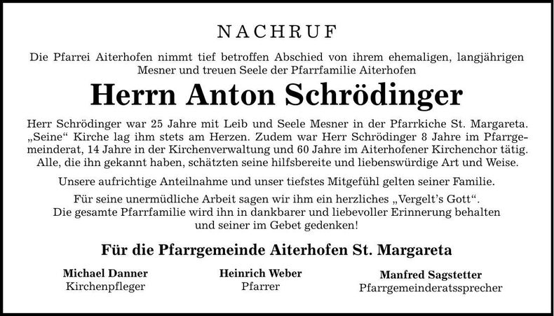 Traueranzeige Anton Schrödinger