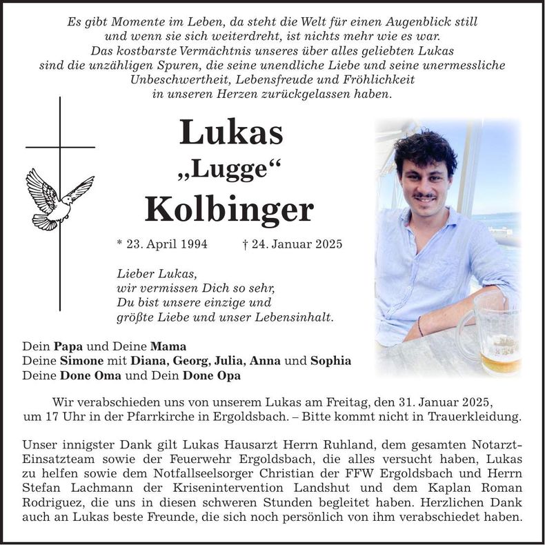 Traueranzeige Lukas Kolbinger