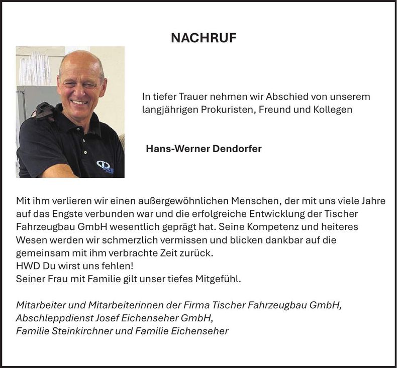 Traueranzeige Hans-Werner Dendorfer