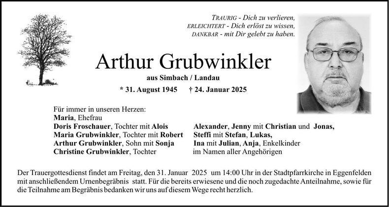 Traueranzeige Arthur Grubwinkler