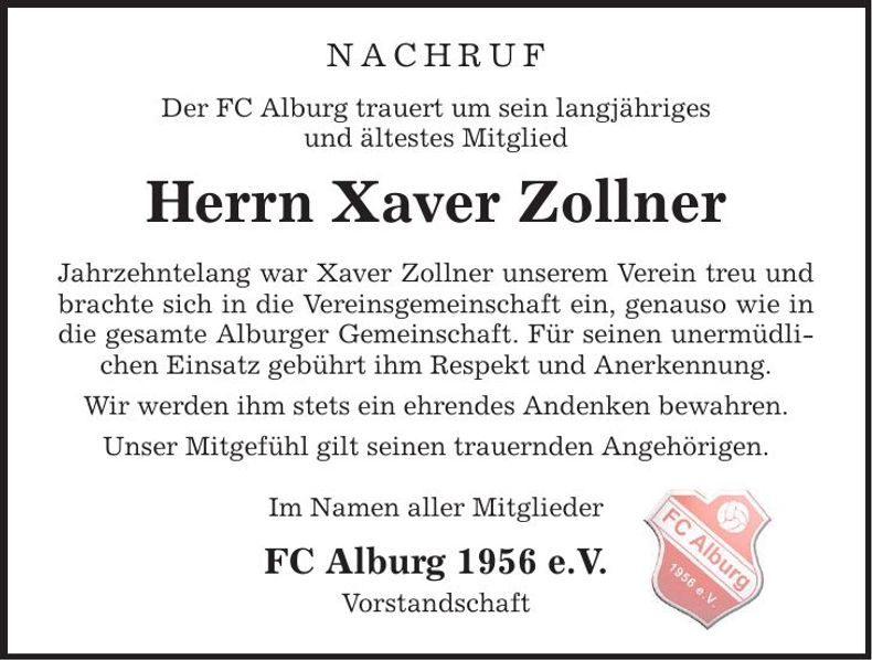 Traueranzeige Xaver Zollner