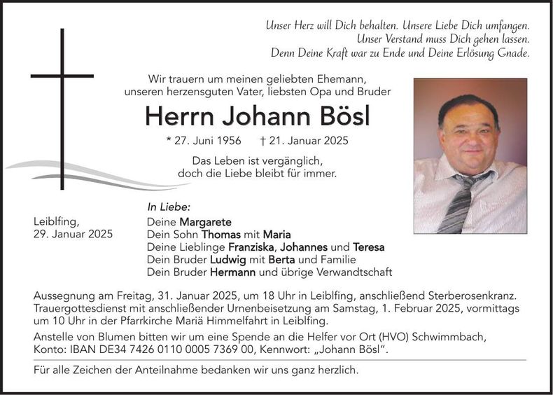 Traueranzeige Johann Bösl