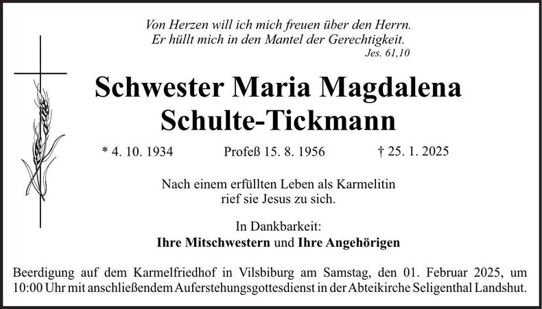 Traueranzeige Sr. Maria Magdalena Schulte-Tickmann