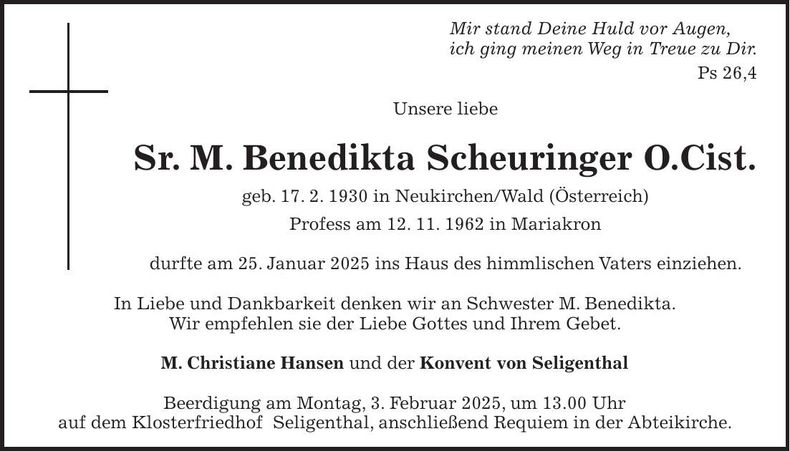 Traueranzeige M. Benedikta Scheuringer