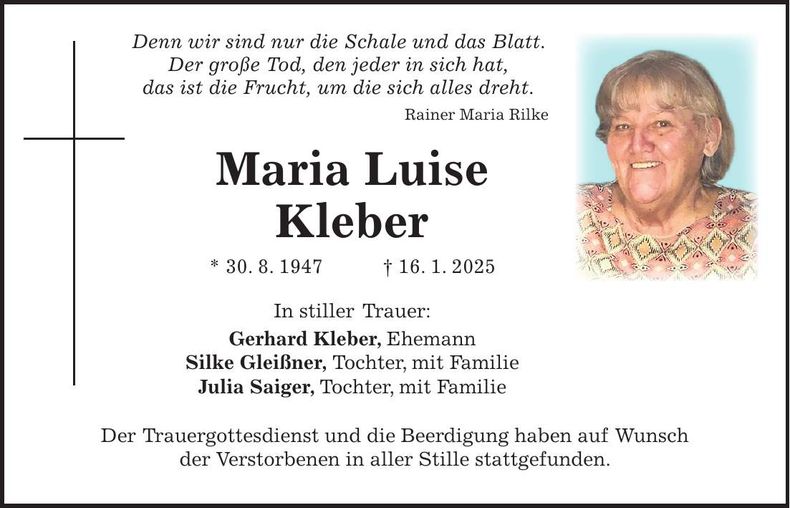 Traueranzeige Maria Luise Kleber