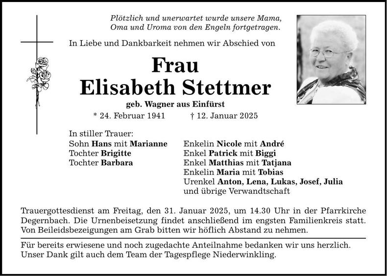 Traueranzeige Elisabeth Stettmer