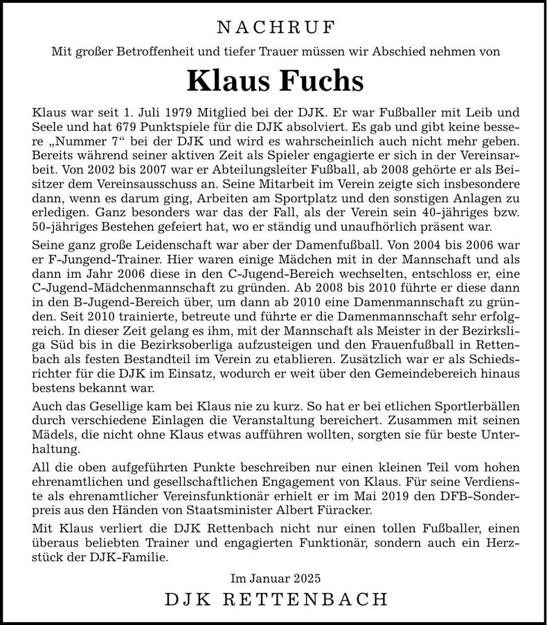 Traueranzeige Klaus Fuchs
