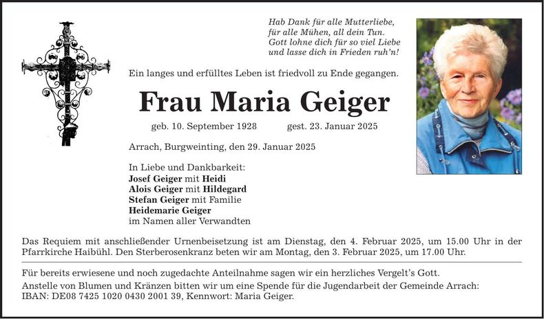 Traueranzeige Maria Geiger