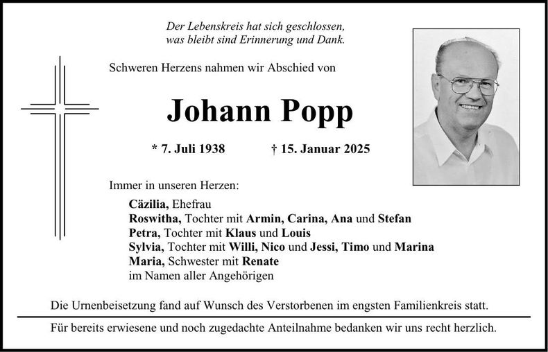 Traueranzeige Johann Popp