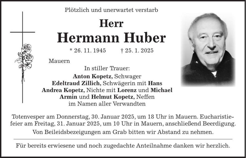 Traueranzeige Hermann Huber